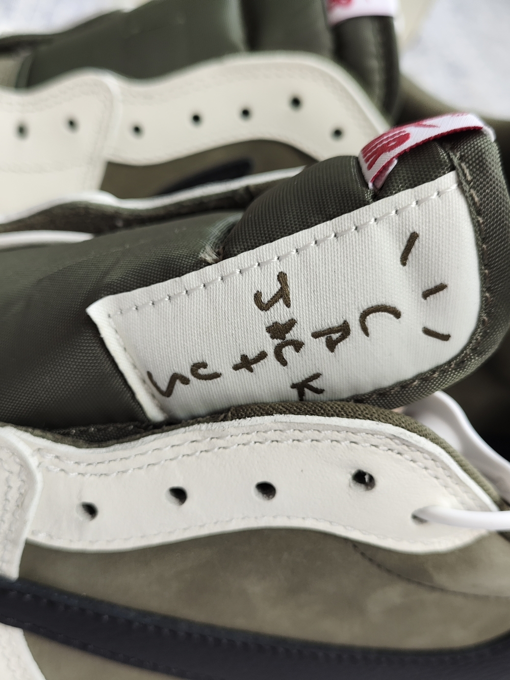 Travis Scott Men's Sneakers in Olive Green & White with Pink Tongue Logo - Picture 3 of 8